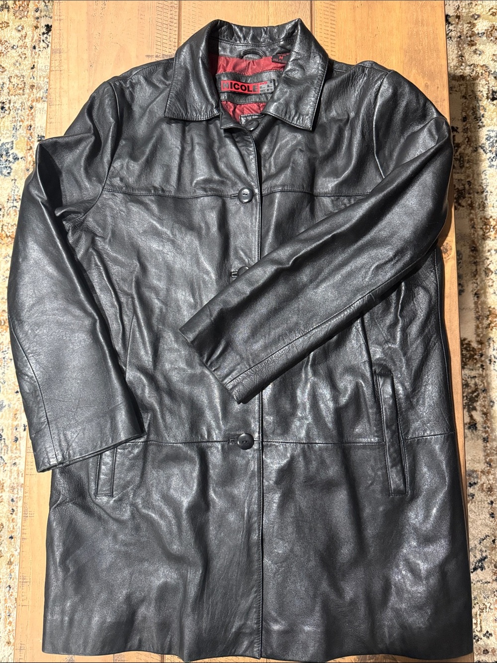 Vintage Nicole Miller Black Genuine Leather Trench Jacket - Burgundy quilt